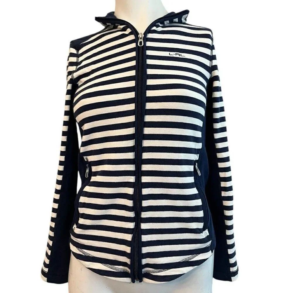 Lauren Ralph Lauren Womens XS Full Zip Activewear Jacket Navy Blue White Striped